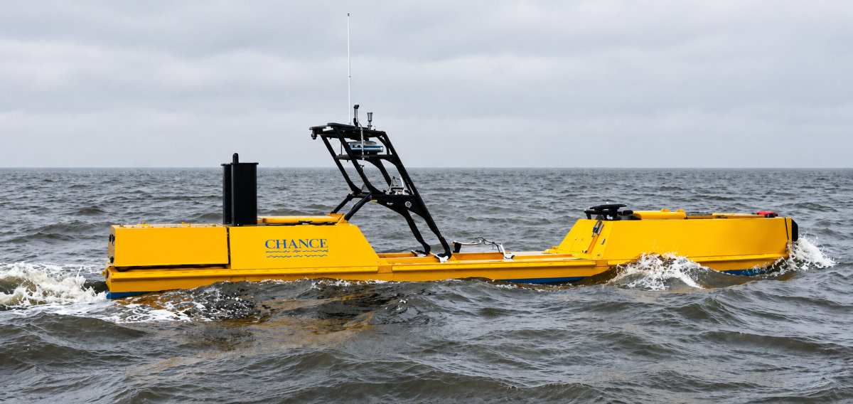 The yellow boat CHANCE on rough seas